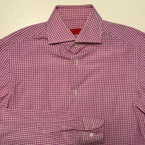 Isaia Size 15 Dress Sport Shirt Pink Check